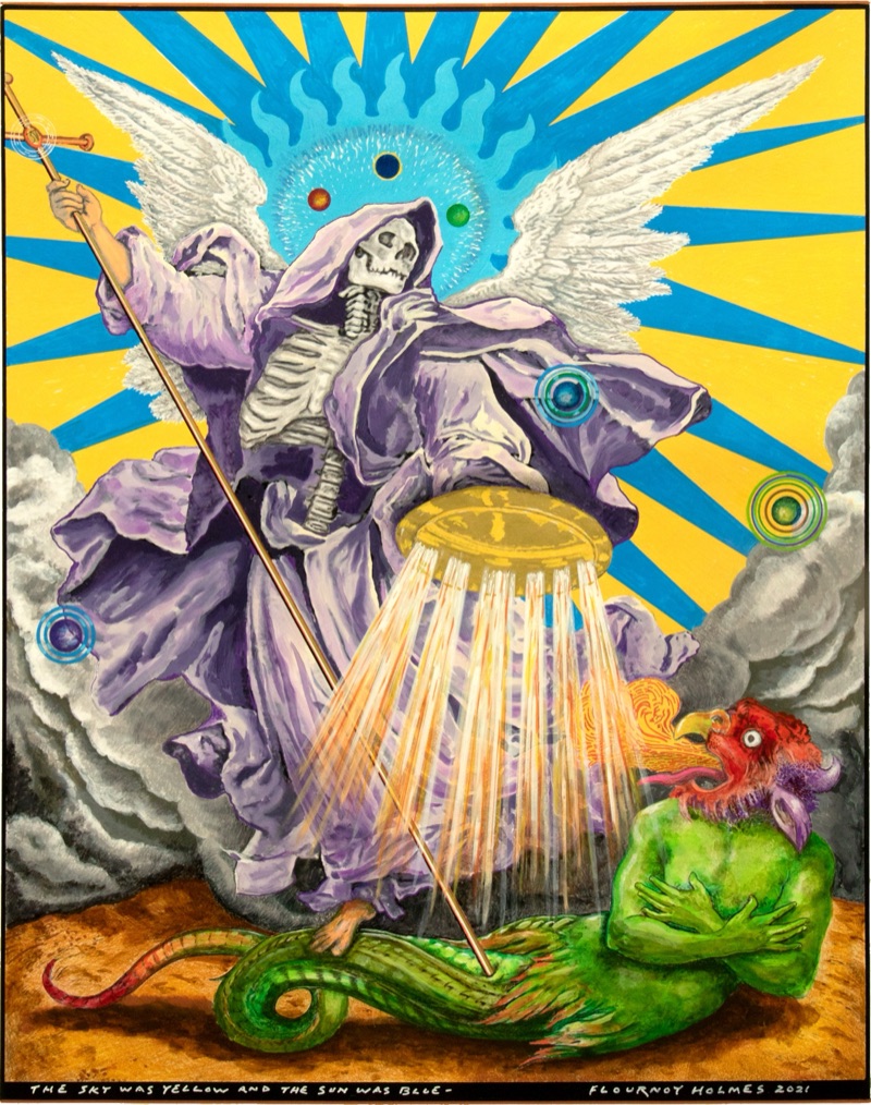 A cloaked skeleton angel with a staff stands over a slain green dragon, beneath blue sunrays on a yellow sky; a beam of light falls from a golden disc.