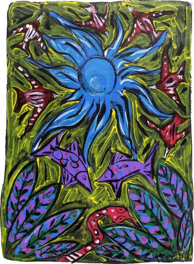 A large blue sun with flame-like rays over a green ground, surrounded by purple fish, red birds and patterned leaves.