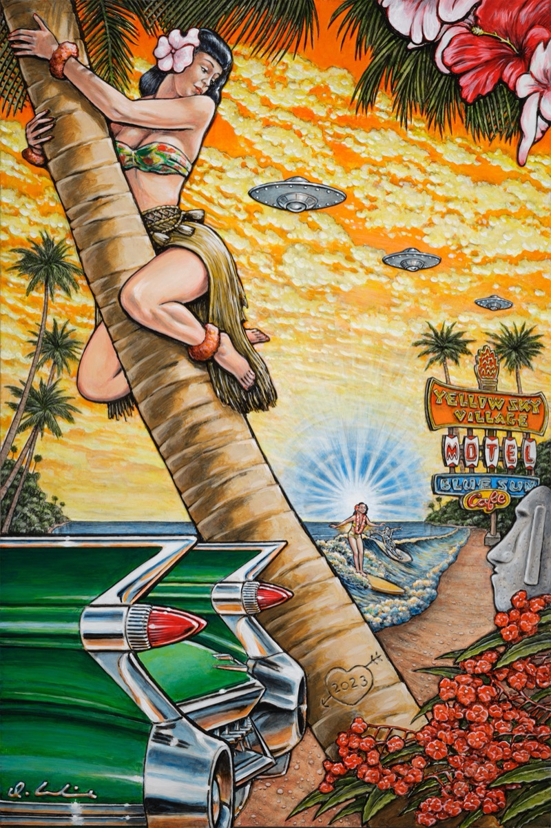 A woman in a grass skirt climbs a palm tree above the tail fins of a green 1950s car; beyond are a motel sign, a surfer, flying saucers and a blue sun in an orange sky.